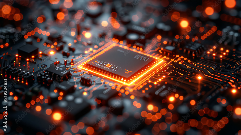 Poster a computer chip with a glowing red center. the chip is surrounded by a black background. concept of 