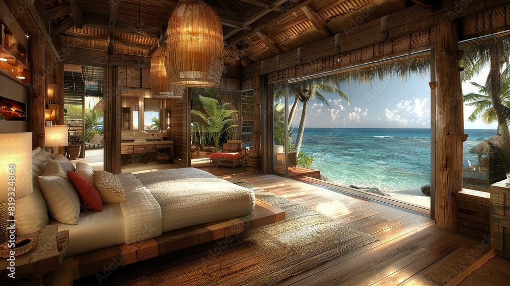 Aufkleber a bedroom with a view of the ocean and a window showcasing it in front of a bed