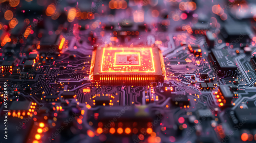 Poster a computer chip with a glowing red center. the chip is surrounded by a black background. concept of 