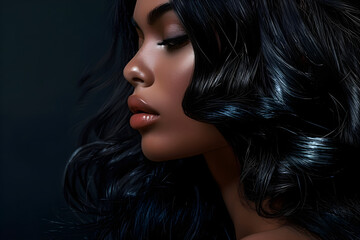 Naklejka premium Dazzling and seductive black hair, perfect for showcasing the effectiveness of hair care products 