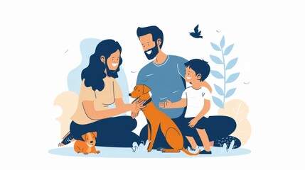 Smiling Father, Mother and Son Pet and Play with Smooth Fox Terrier Retriever Dog