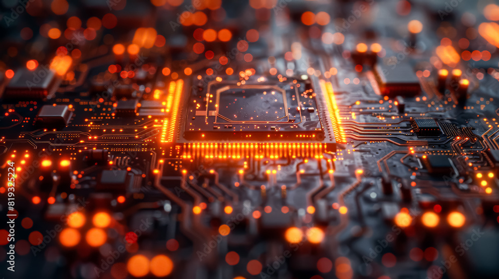 Poster a computer chip with a glowing red center. the chip is surrounded by a black background. concept of 