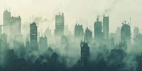 Smog city from dust, Cityscape of buildings with bad weather and air pollution