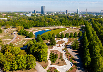 New redesigned Victory park in Riga, Latvia with a pond and pedestrian walks.