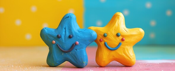 Two Smiling Star Toys on Colorful Background