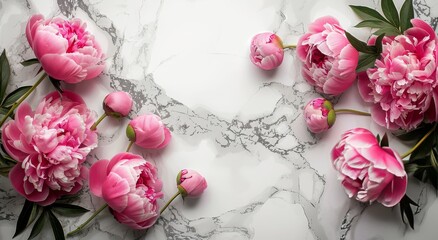 Obraz na płótnie Canvas Pink Peonies on a Marble Background