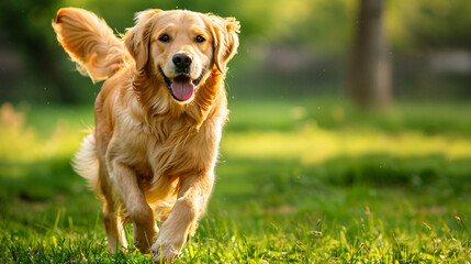golden retriever running. A joyful scene of a golden retriever running through a grassy field, showcasing its playful energy and happy expression..