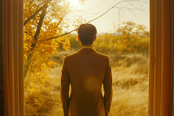 people of ai // man in an elegant beige suit stands at the window, backside view, looking out onto a field of yellow grass and trees, sunlight shines through, photorealistic // ai-generated 