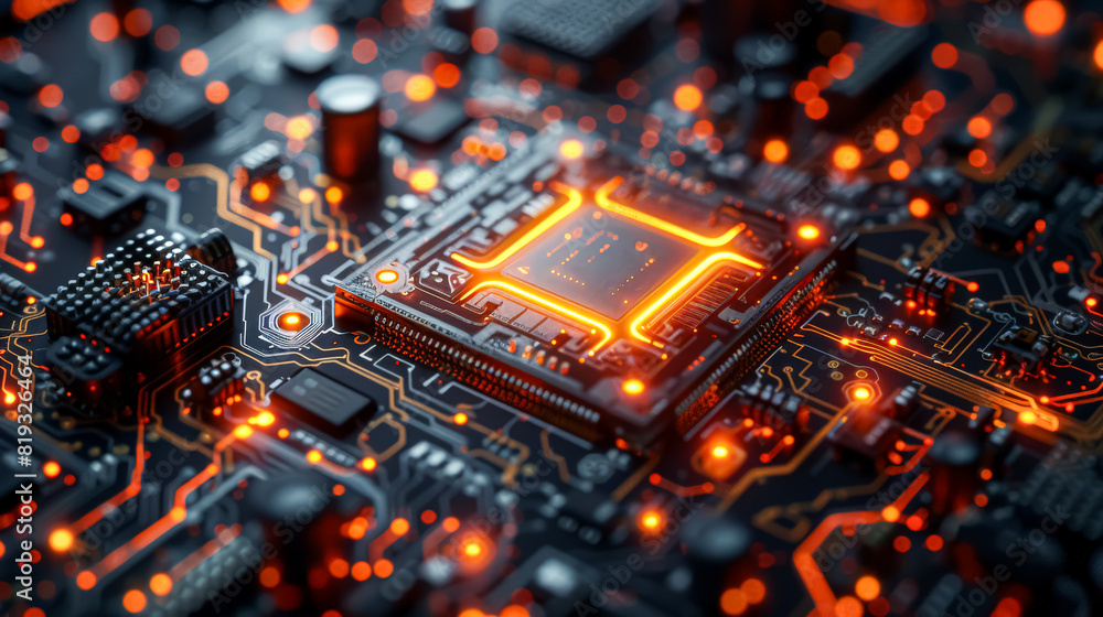 Poster a computer chip with a glowing red center. the chip is surrounded by a black background. concept of 