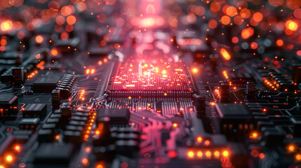 A computer chip with a glowing red center. The chip is surrounded by a black background. Concept of technology and innovation
