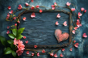 A wooden heart surrounded by pink flowers on a blue background