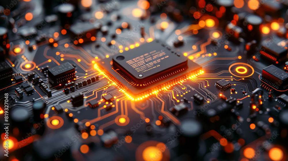 Poster a computer chip with a glowing red center. the chip is surrounded by a black background. concept of 