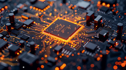 A computer chip with a glowing red center. The chip is surrounded by a black background. Concept of technology and innovation