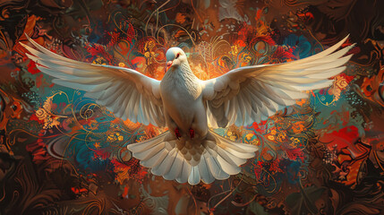 A white dove is flying in a colorful background