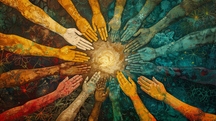 A painting of many hands in a circle, with one hand in the center
