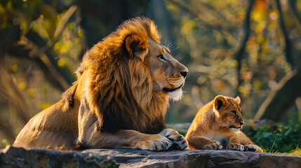 A majestic lion and his cub, a family of cats, wild animals in their natural habitat.