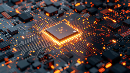 A computer chip with a glowing red center. The chip is surrounded by a black background. Concept of technology and innovation