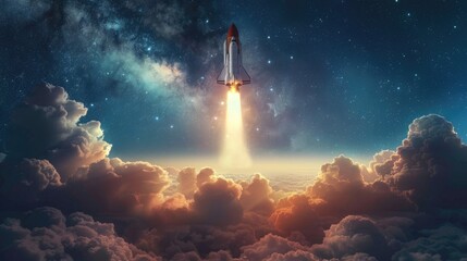 Obraz premium Spaceship shuttle over clouds. Rocket flies to another planet. Spaceship takes off into the starry sky. Rocket in open space