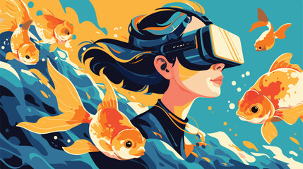 virtual reality. Girl in 3d-glasses and goldfish. C