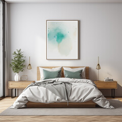 Modern bedroom with bed and empty painting. Great for mock up.
