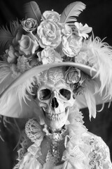 skull of a elegant skeleton wearing lace and flowers, feathers, black and white, photorealistic // ai-generated 