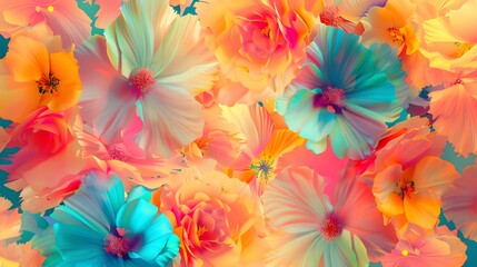 Neon pink, orange, yellow, turquoise abstract summer flowers background with digital motion glitch effect
 - Powered by Adobe
