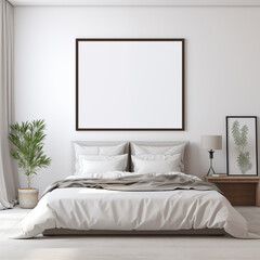 Modern bedroom with bed and empty painting. Great for mock up.