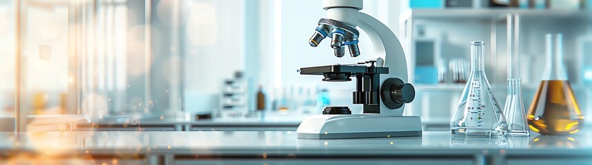 a modern microscope on a table in a laboratory with a blurred background. There is an empty space for text or product display.