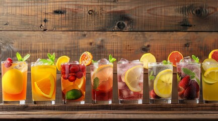 A variety of colorful cocktails and lemonades, drinks in glasses with fruits and ice cubes, on the...