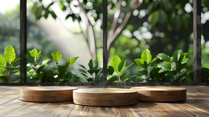 Wooden product display podium with blurred nature leaves background. 3D rendering
