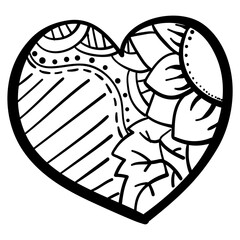 Outline heart with fantasy patterns, coloring page with sunflower and striped background