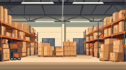 Warehouse interior with carton boxes on metal shelv