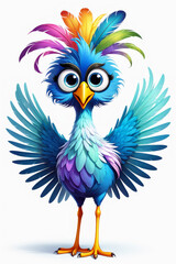 Obraz premium Blue Bird Cartoon, Illustration, Long Feathers, White Background, Generative AI