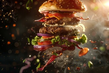 Mouth-watering burger with floating ingredients, captured mid-air.