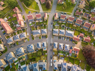 Aerial drone view of the Cane Hill area in Coulsdon, UK, with new houses and apartments.