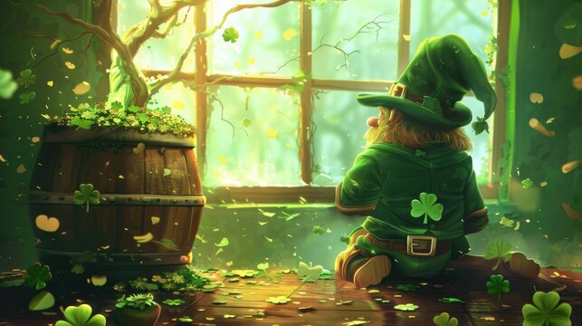  St. Patrick's day background illustration with a leprechaun and traditional elements