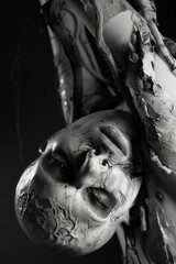 horror art of an eerie feminine creature holding head upside down, her body is draped in fabric that has been ripped open, dramatic pose, dark background, creepy, horror, photorealistic // ai-generate