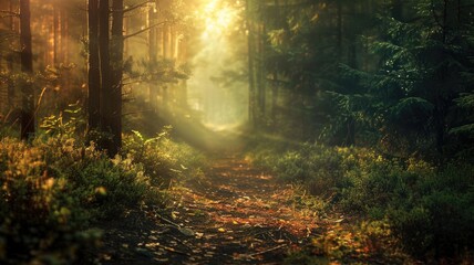 Fototapeta premium Sunlit forest trail with lush greenery and dappled lighting
