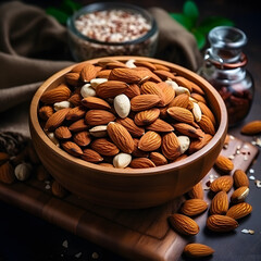 A wooden bowl filled with almonds rests atop a sturdy table. The almonds are neatly arranged in the bowl, showcasing their natural texture. The simple yet elegant composition highlights the contrast b