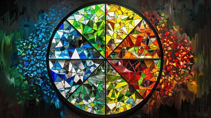 Abstract stained glass painting representing the four seasons as quadrants of a circle , Rembrandt Lighting, minimalist, geometric shapes