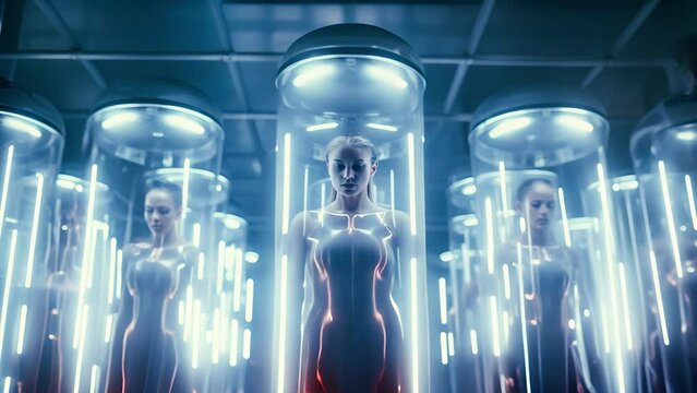 Human clone factory, Human in the capsules, capsule with human woman body inside	