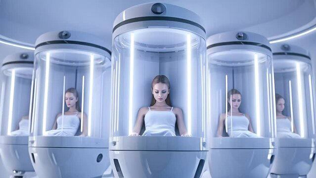 Human clone factory, Human in the capsules, capsule with human woman body inside	