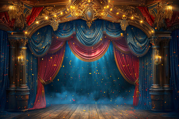 interior design, empty ornate vintage theater stage with red and blue curtains, gold filigree decoration, glowing lights, falling confetti, atmosphere of mystery and magic, photorealistic // ai-genera