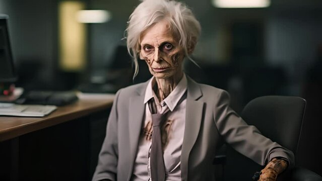 Ugly zombie female sitting in armchair in front of computer at office