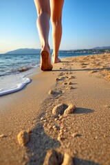 female feet in the sand on the beach Generative AI