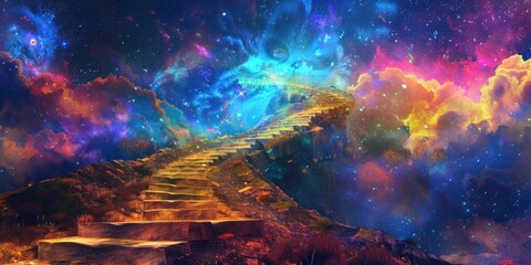 Stairway to heaven in vibrant celestial dreamscape