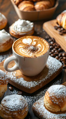 a cup of coffee (cappuccino) with foam and a pattern, sweets, fresh pastries and berries on the table
