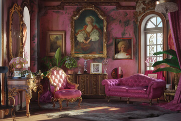 interior design, opulent living room with luxurious pink velvet furniture and vintage decor, portrait paintings, golden frames, vases and plants, baroque, warm lighting, photorealistic // ai-generated