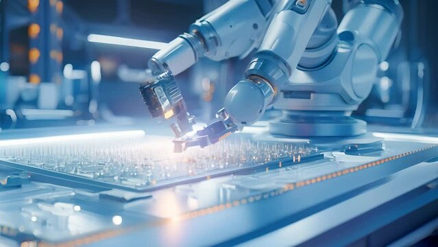 Advanced high precision robot arm inside bright electronics factory. Electronic devices production industry. Component installation on circuit board. Fully automated modern assembly line	