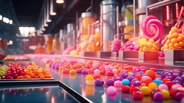 Industry factory manufacture candy confectionery production, sweet, delicious. Automatic candy plant factory	